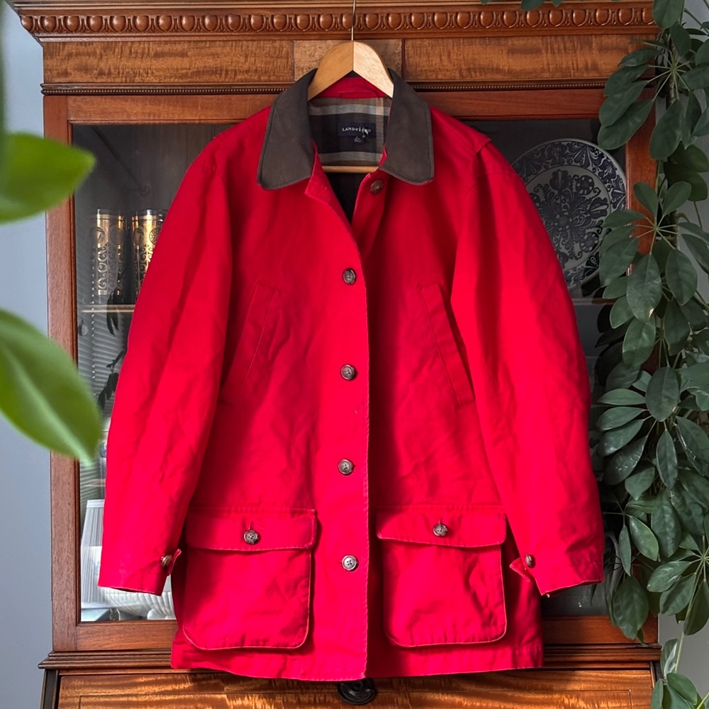 Lands' End Red Chore Jacket with Brown Leather Collar and Plaid Lining (sz10-12)